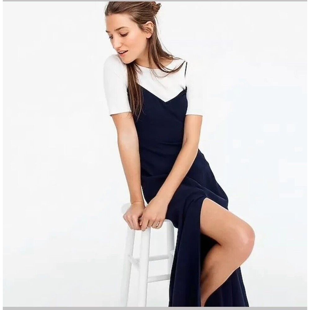 J. Crew Petite Drapey Spaghetti Strap Dress W Side Slit Sz 6 Petite Navy Blue - Picture 7 of 8